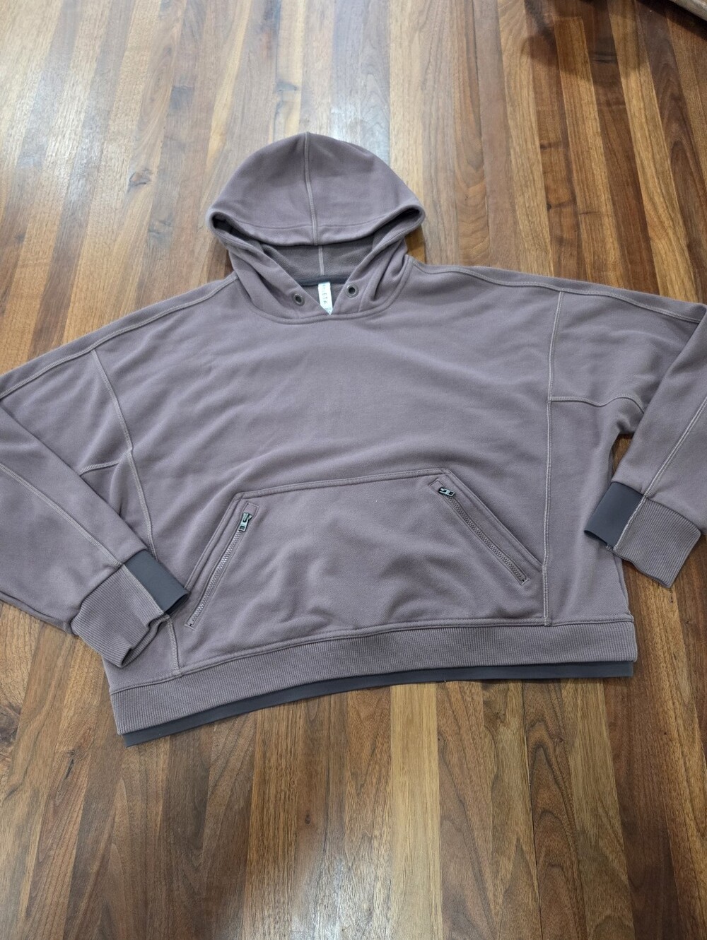 Athleta Recover  Hooded Sweatshirt in Smoked Autumn Brown Zip Kangaroo Pocket LG